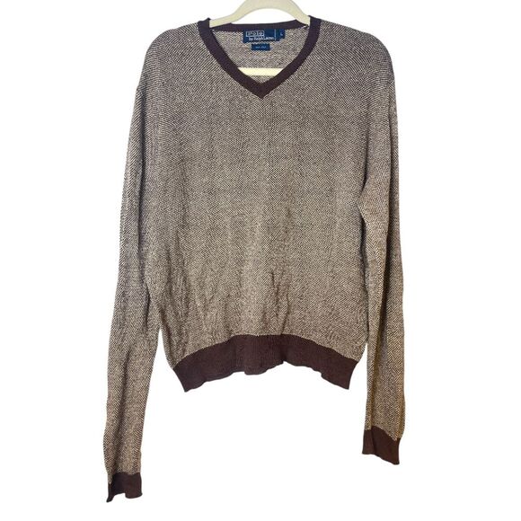 Vintage Polo Ralph Lauren 80s Brown & Cream 100% Silk V-Neck‎ Sweater L